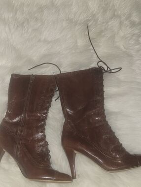 Enzo Angiolini Dark Brown Lace-Up Mid-Calf Heeled Boots